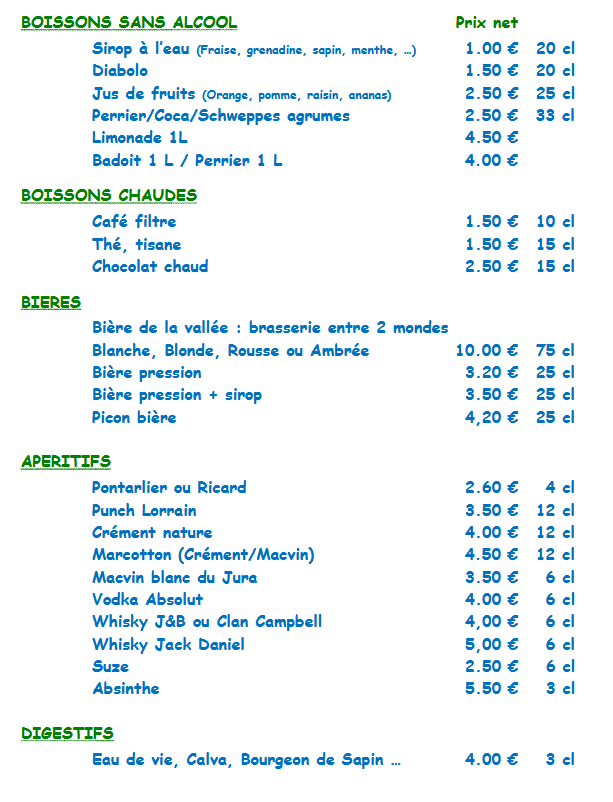 Carte des boissons 2026