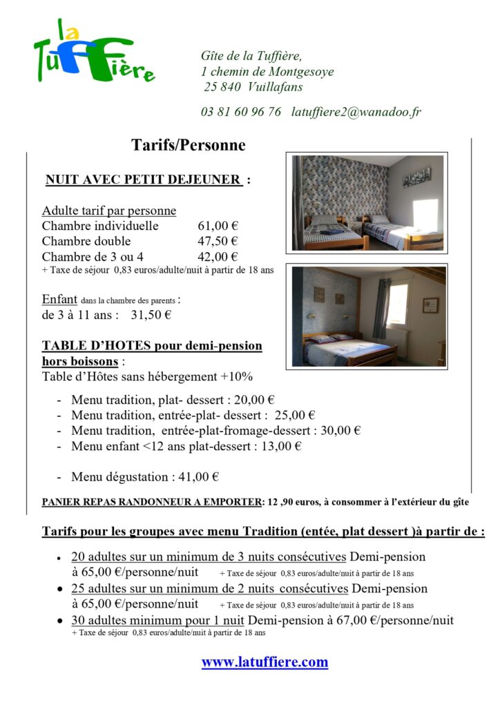 Tarifs 2026 — Page 1 : nuit avec petit-déjeuner, table d'hôtes, tarifs groupes