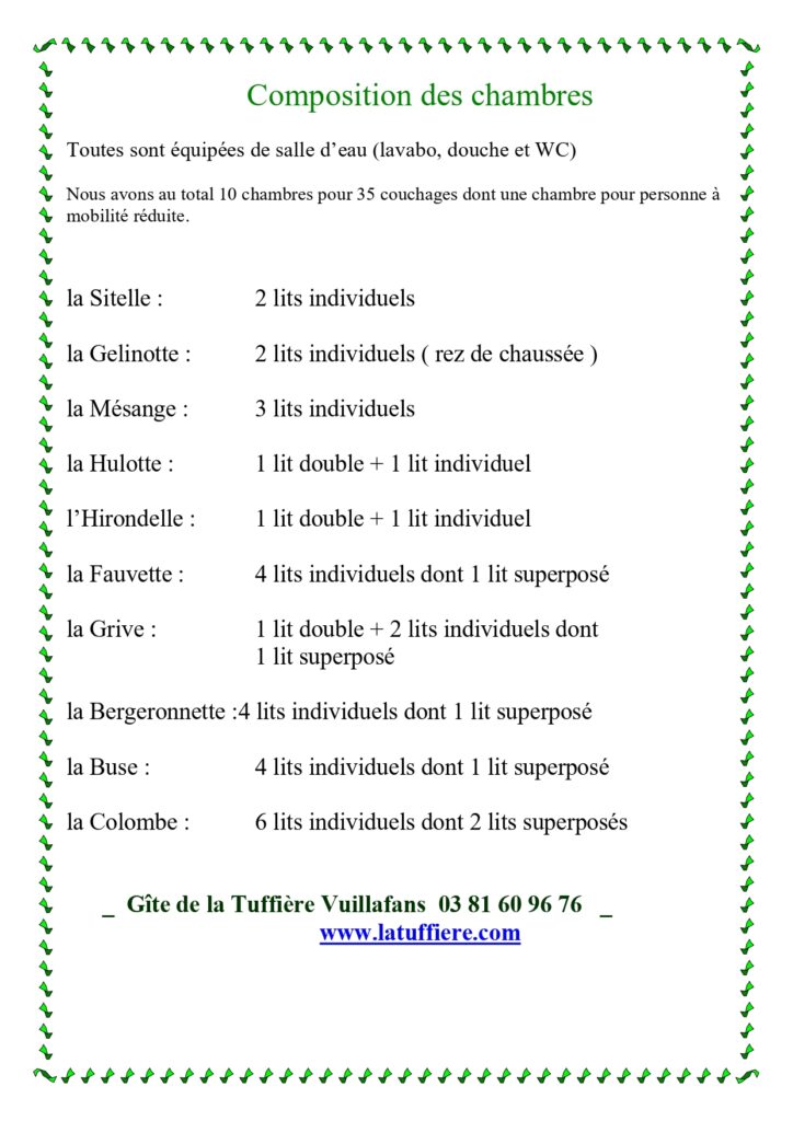 Tarifs 2026 — Page 2 : composition des chambres